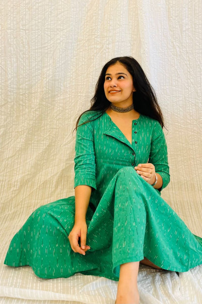 Green Ikat Angrakha Dress With Black Detail
