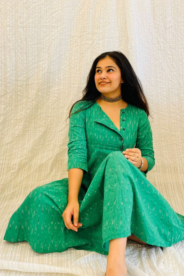 Green Ikat Angrakha Dress With Black Detail