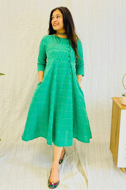 Green Ikat Angrakha Dress With Black Detail