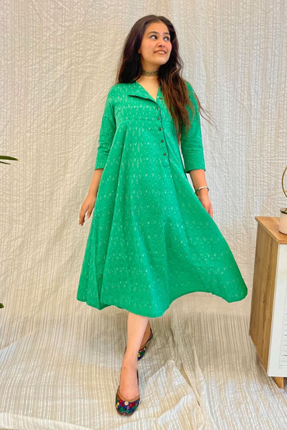 Green Ikat Angrakha Dress With Black Detail