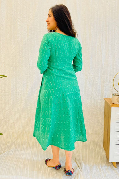 Green Ikat Angrakha Dress With Black Detail