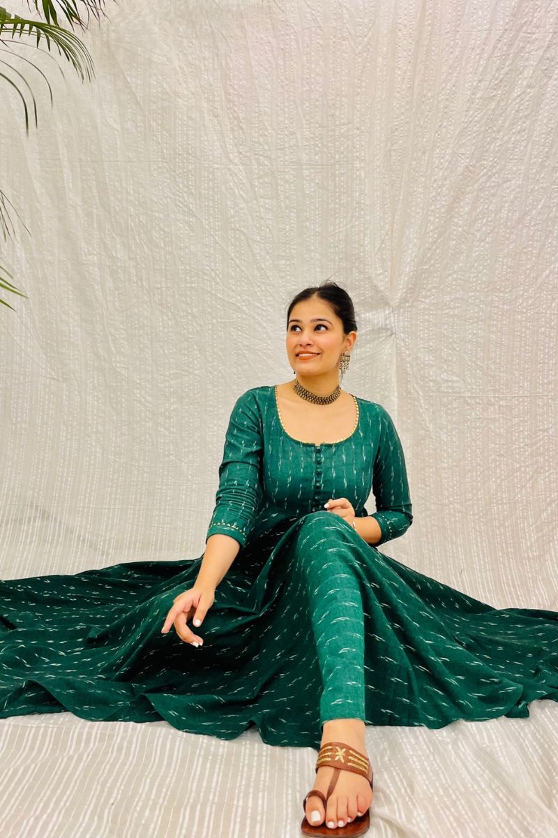 Bottle Green Ikat Twirl Maxi Dress