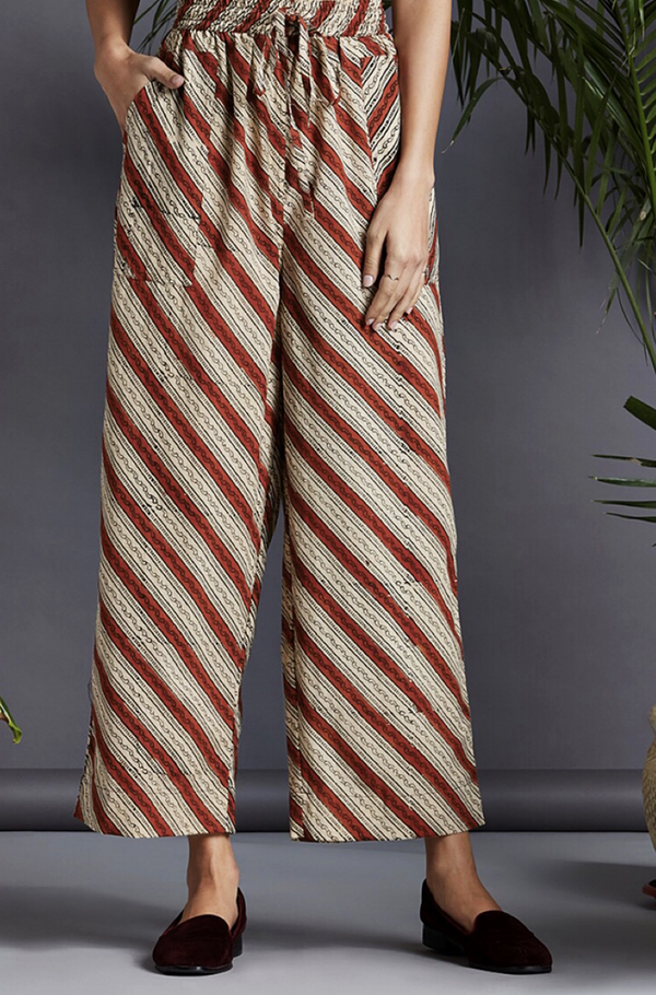 Maati Craft elasticated printed pants - red & biege stripes