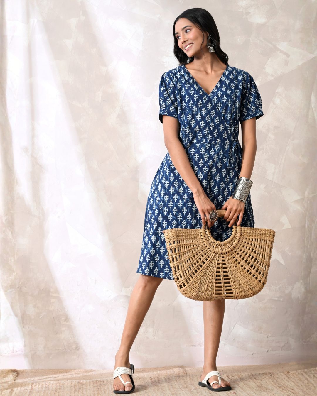 Indigo Block Print Wrap Dress
