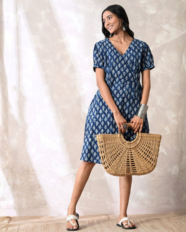 Indigo Block Print Wrap Dress