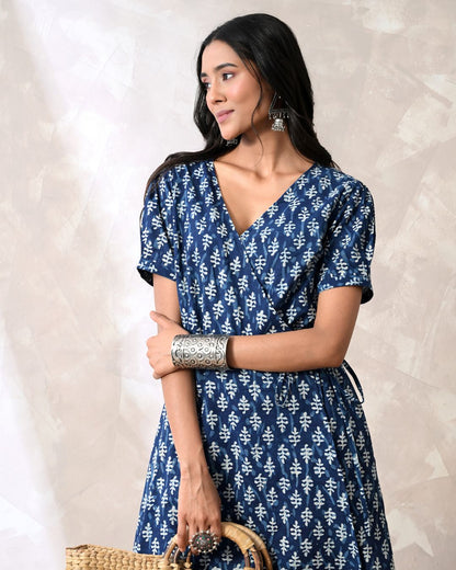 Indigo Block Print Wrap Dress