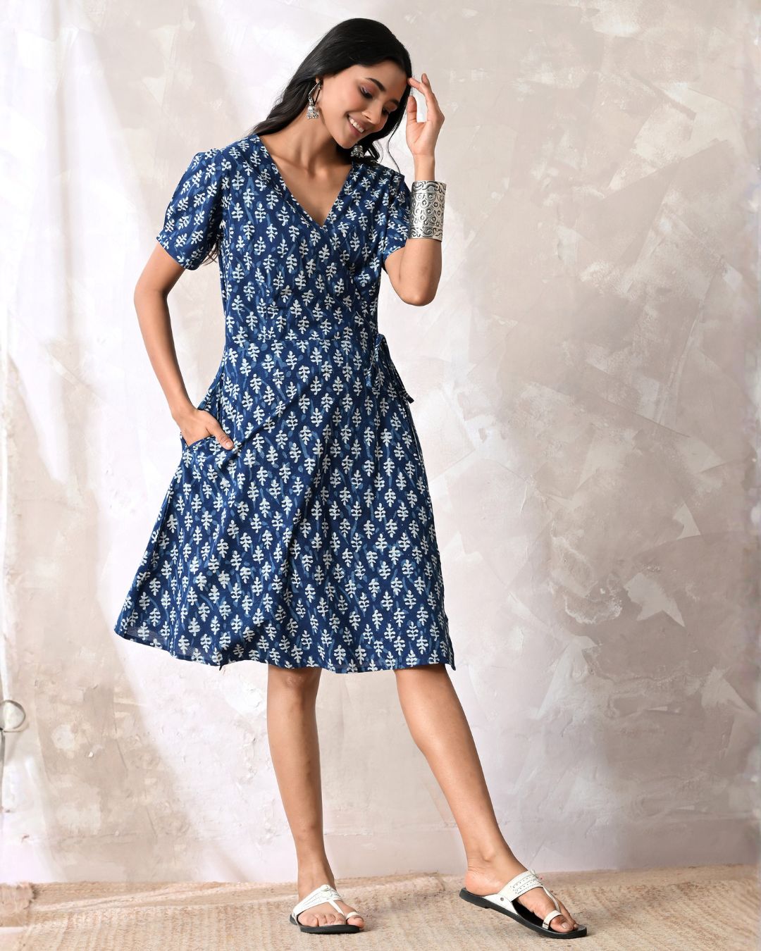 Indigo Block Print Wrap Dress