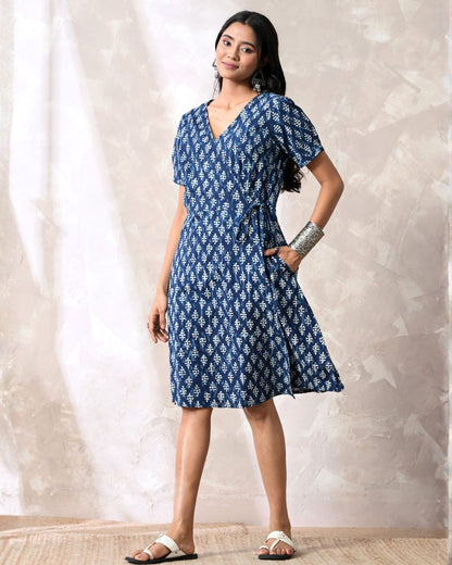 Indigo Block Print Wrap Dress