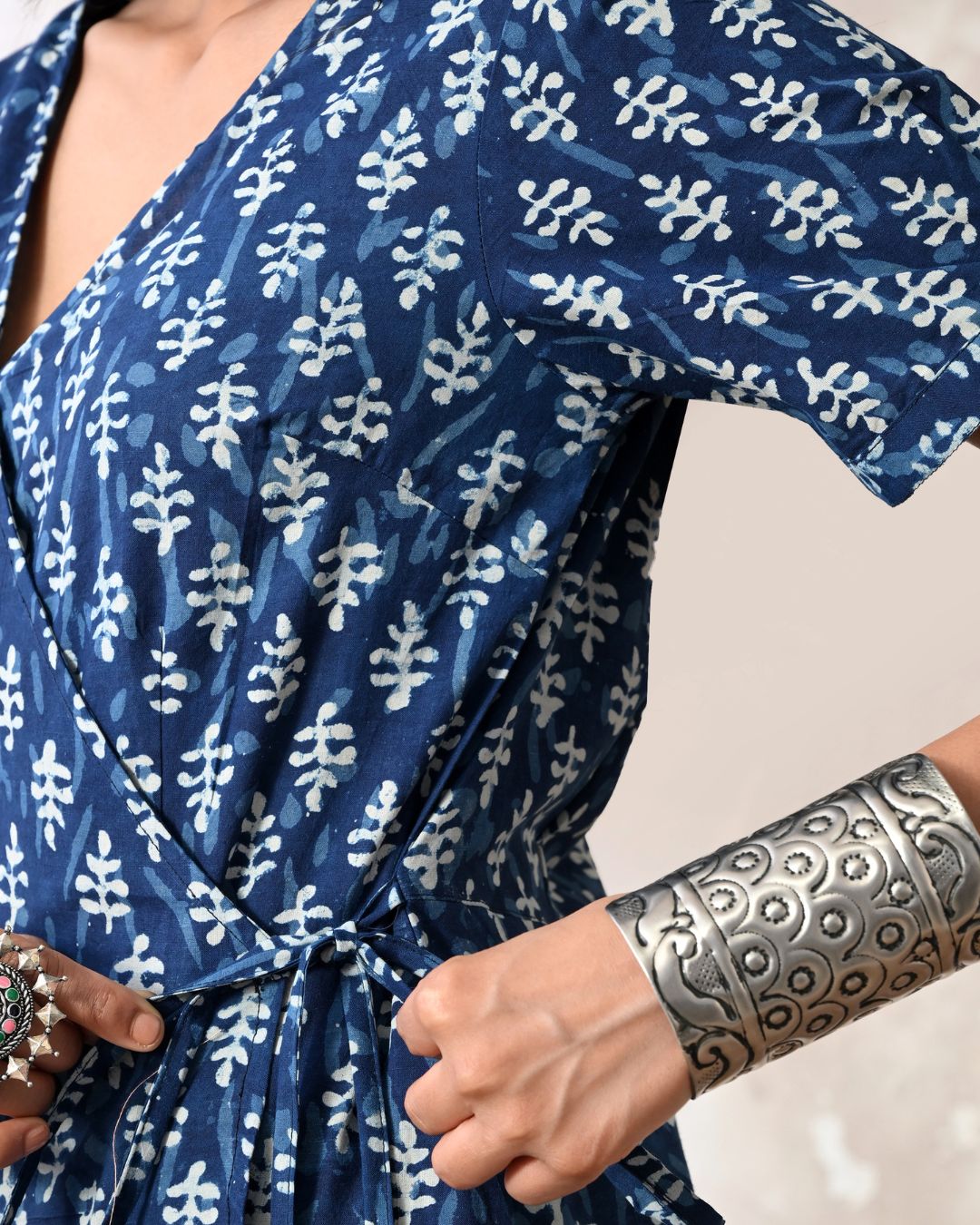 Indigo Block Print Wrap Dress