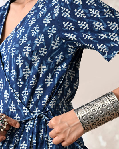 Indigo Block Print Wrap Dress