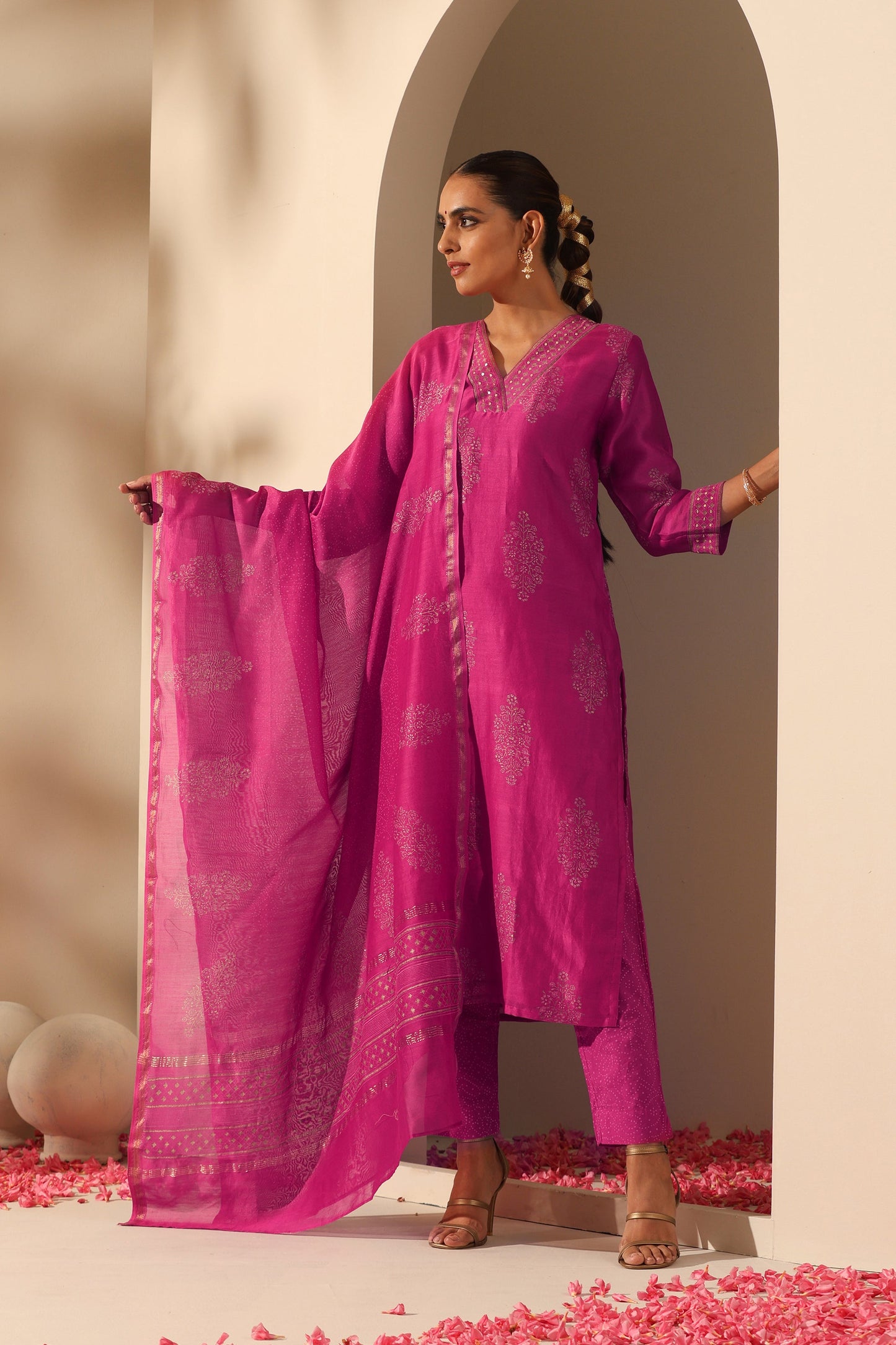 Murraya Viva Magenta Embroidered Chanderi Kurta Set of 3