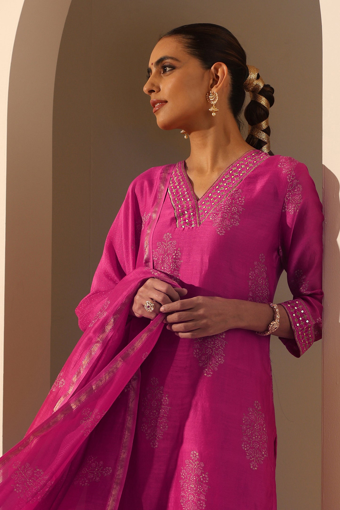 Murraya Viva Magenta Embroidered Chanderi Kurta Set of 3