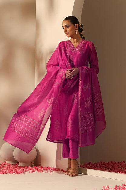 Murraya Viva Magenta Embroidered Chanderi Kurta Set of 3