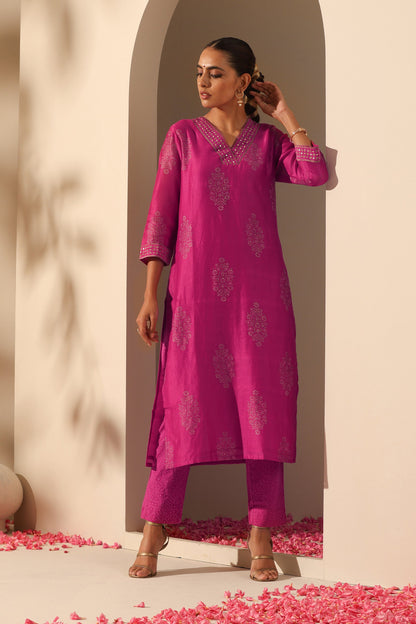 Murraya Viva Magenta Embroidered Chanderi Kurta Set of 3