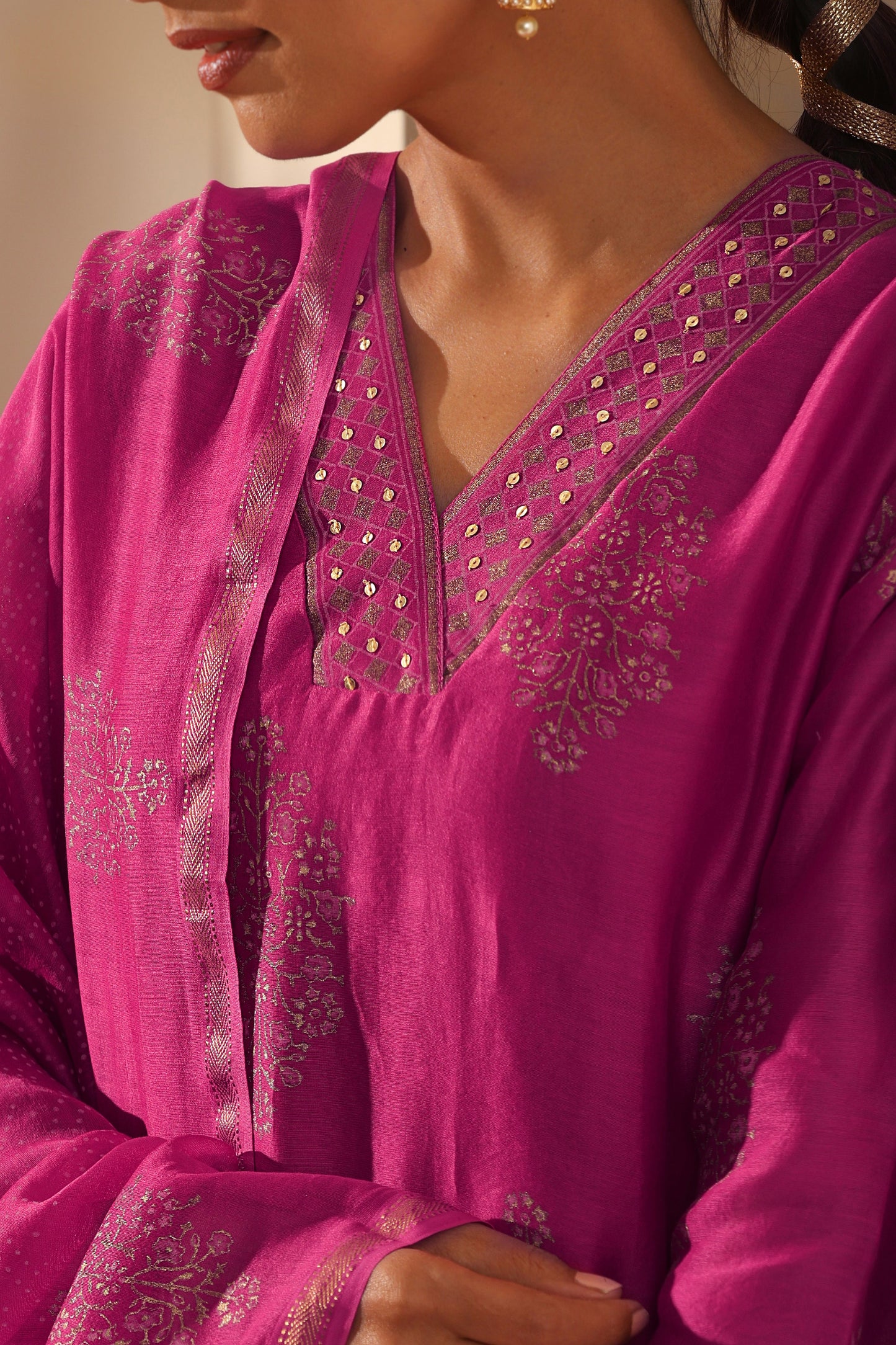 Murraya Viva Magenta Embroidered Chanderi Kurta Set of 3