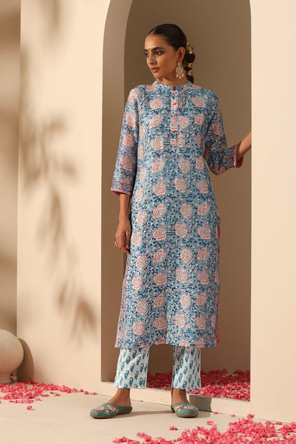 Murraya Blue Rose Chanderi Kurta Set of 3