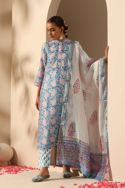 Murraya Blue Rose Chanderi Kurta Set of 3