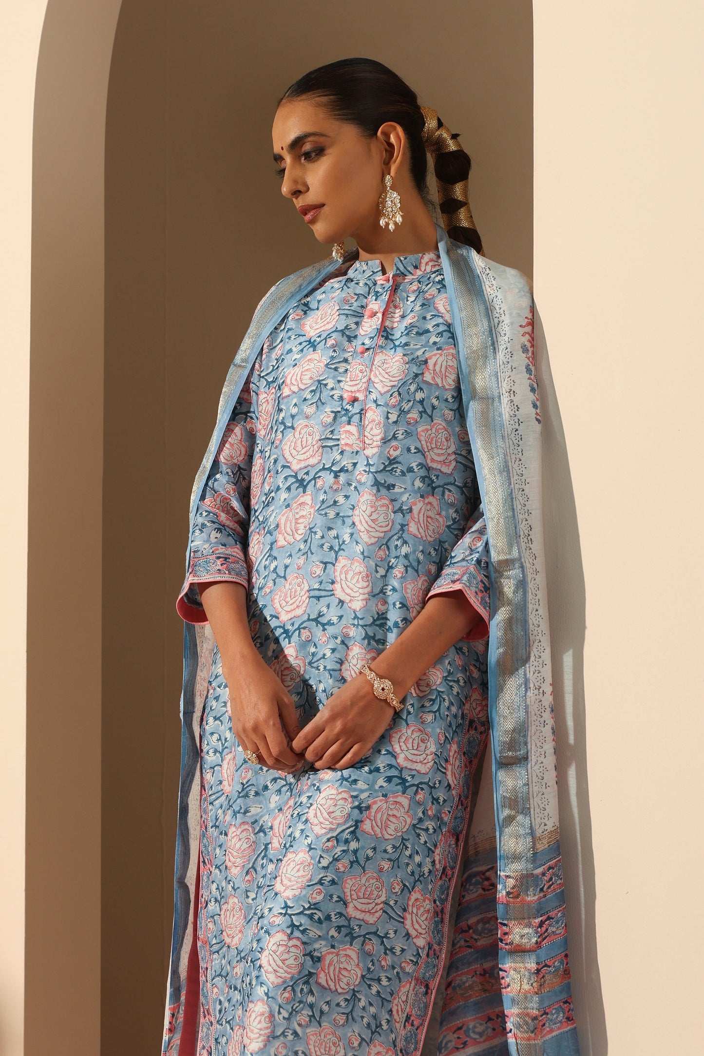 Murraya Blue Rose Chanderi Kurta Set of 3