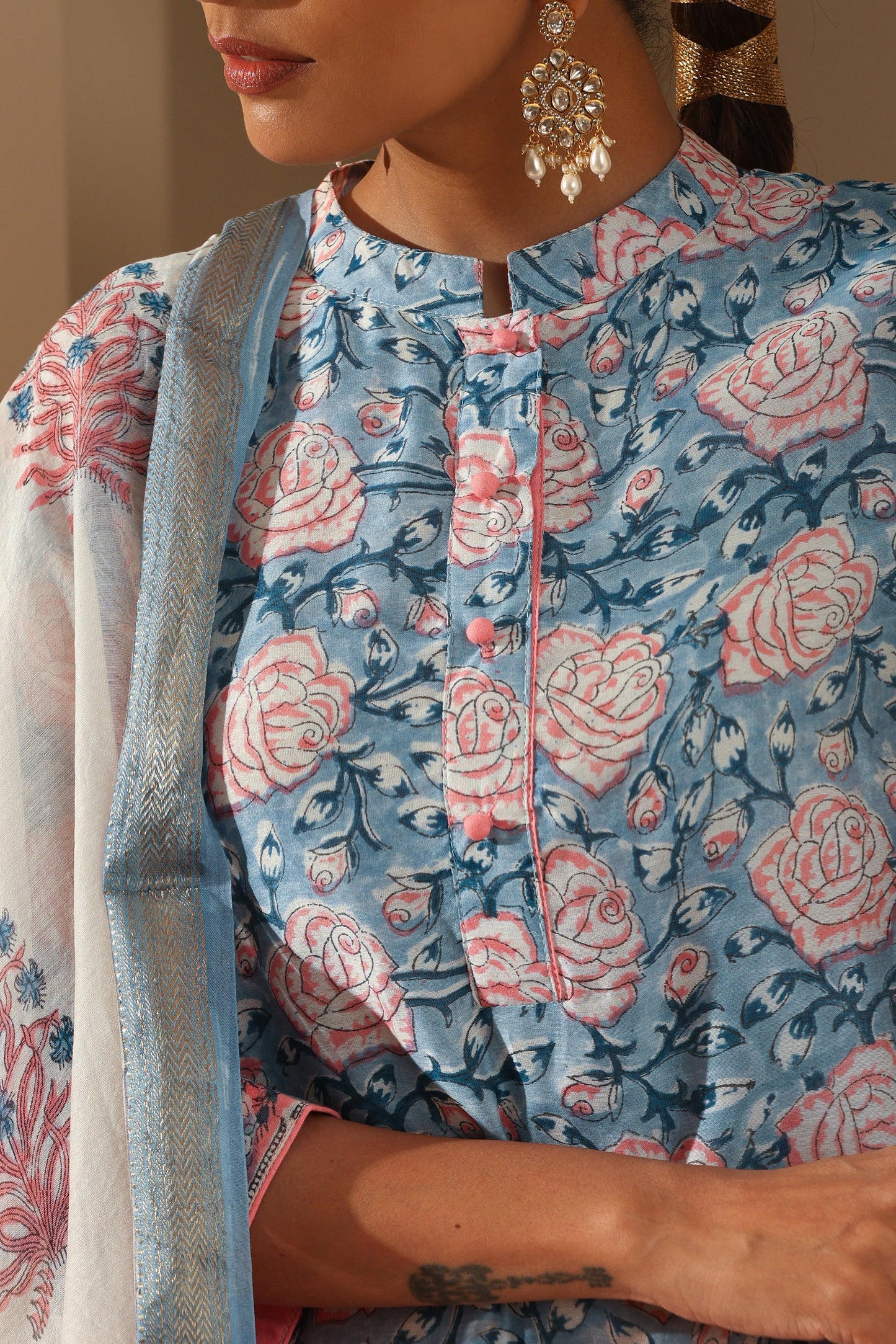 Murraya Blue Rose Chanderi Kurta Set of 3