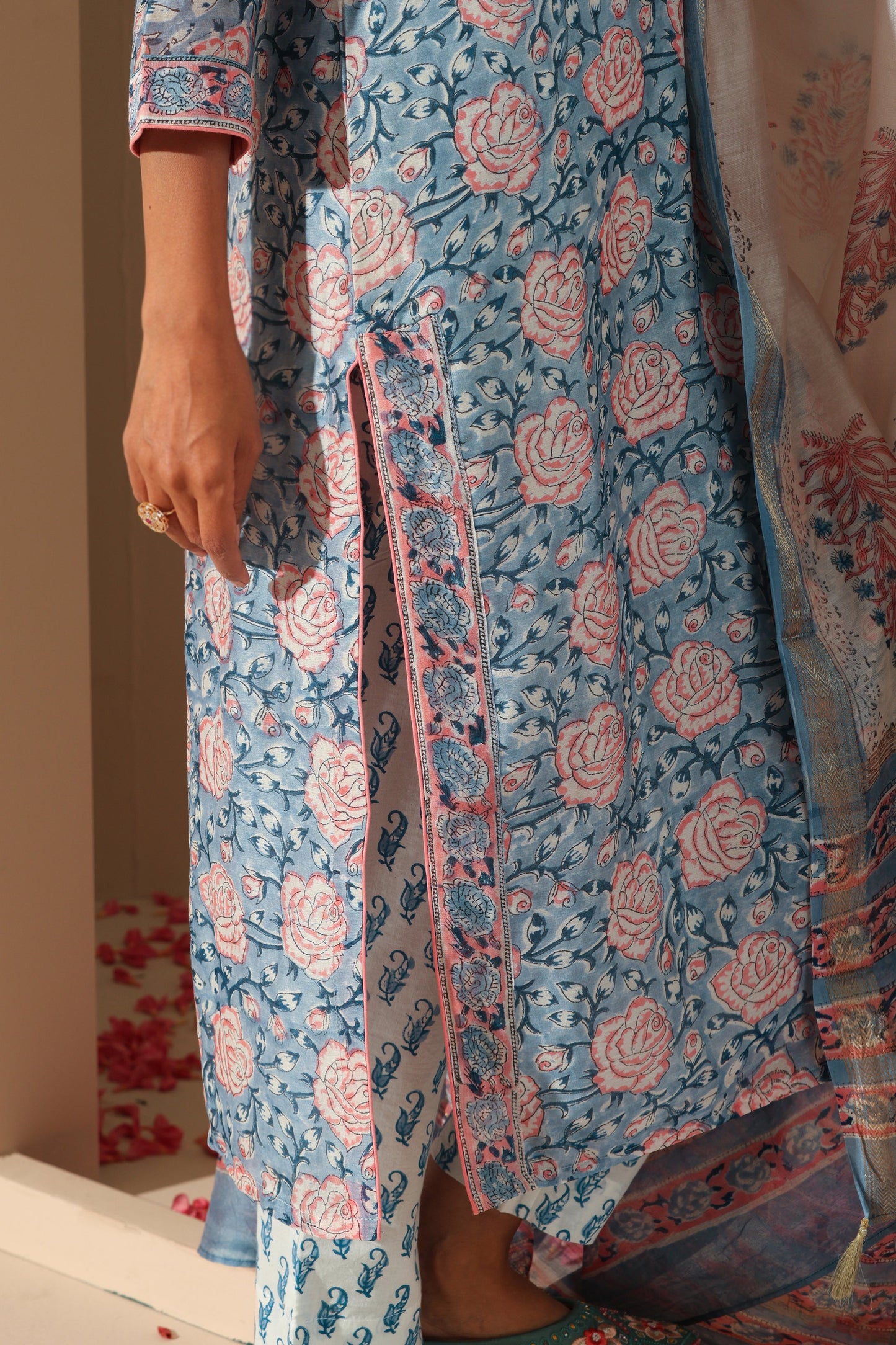Murraya Blue Rose Chanderi Kurta Set of 3