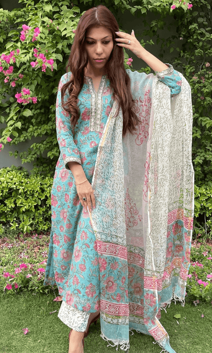 Kota Doria Handblock Kurta and Dupatta with Cotton Pants - Baareeki