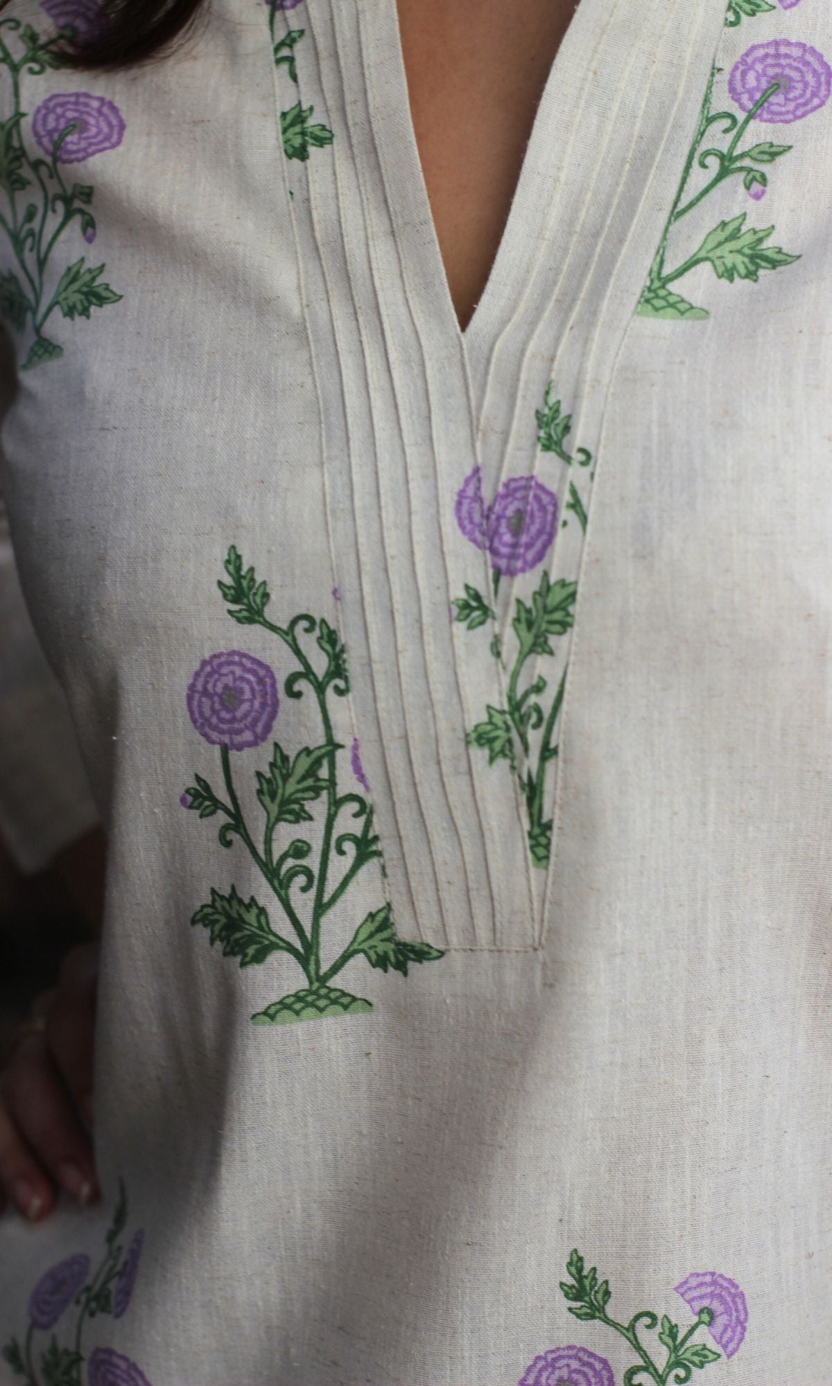 Linen Blend Mughal Lavender Bloom Print Kurta with Cotton Pants - Baareeki