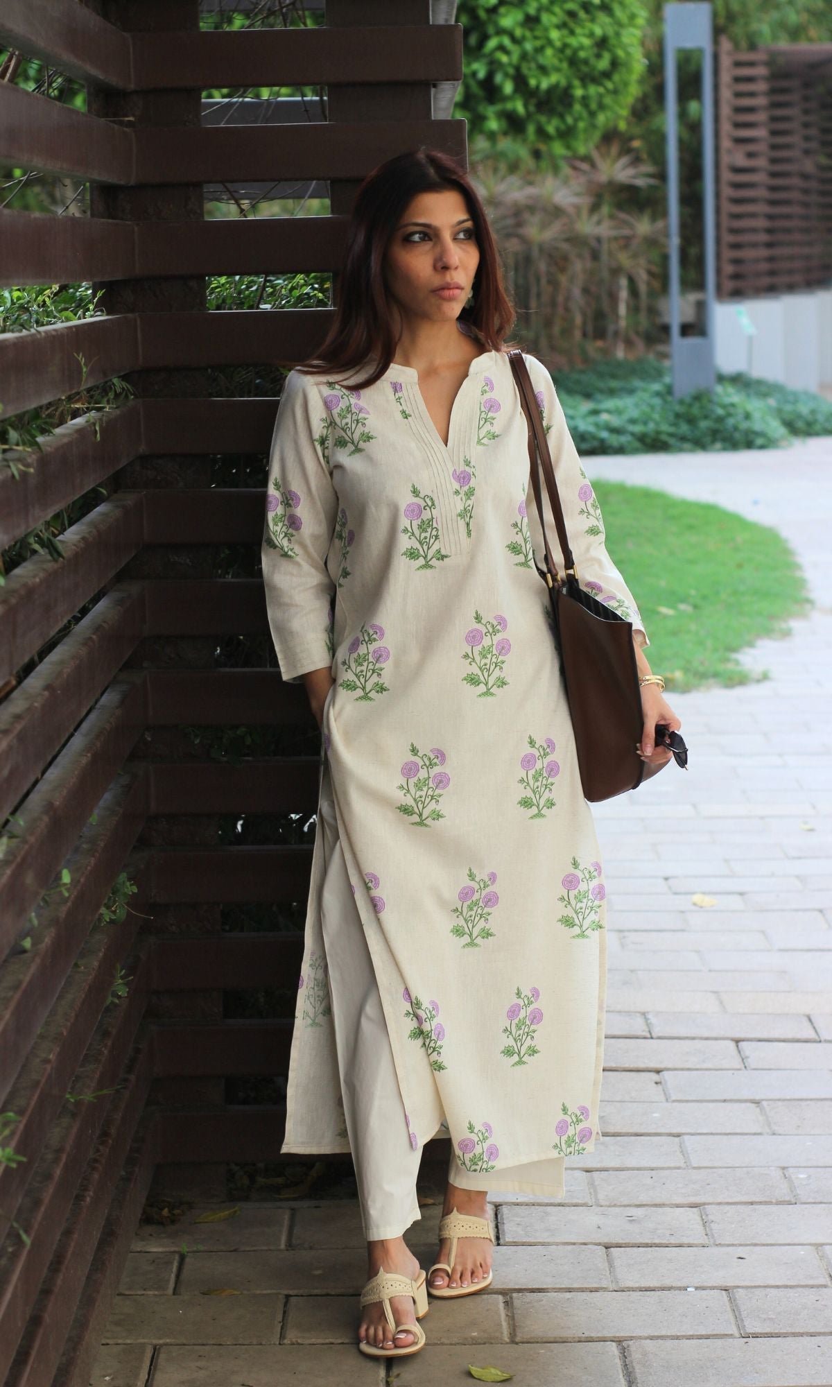 Linen Blend Mughal Lavender Bloom Print Kurta with Cotton Pants - Baareeki