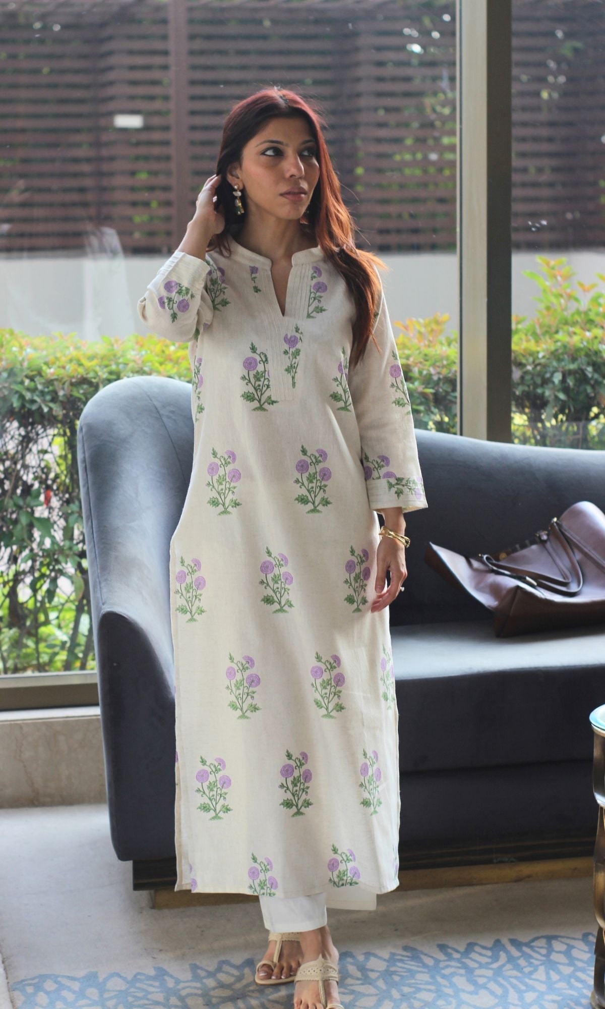 Linen Blend Mughal Lavender Bloom Print Kurta with Cotton Pants - Baareeki