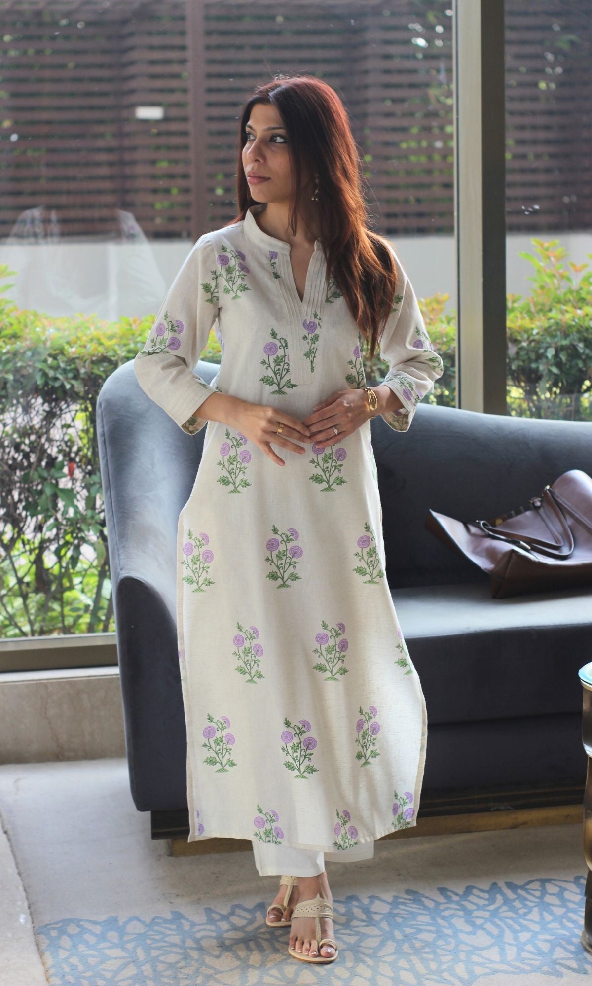 Linen Blend Mughal Lavender Bloom Print Kurta with Cotton Pants - Baareeki