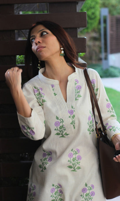 Linen Blend Mughal Lavender Bloom Print Kurta with Cotton Pants - Baareeki