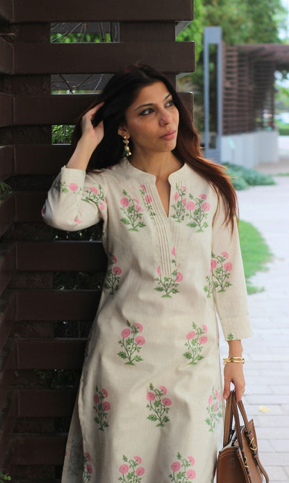 Linen Blend Mughal Pink Bloom Print Kurta with Cotton Pants - Baareeki