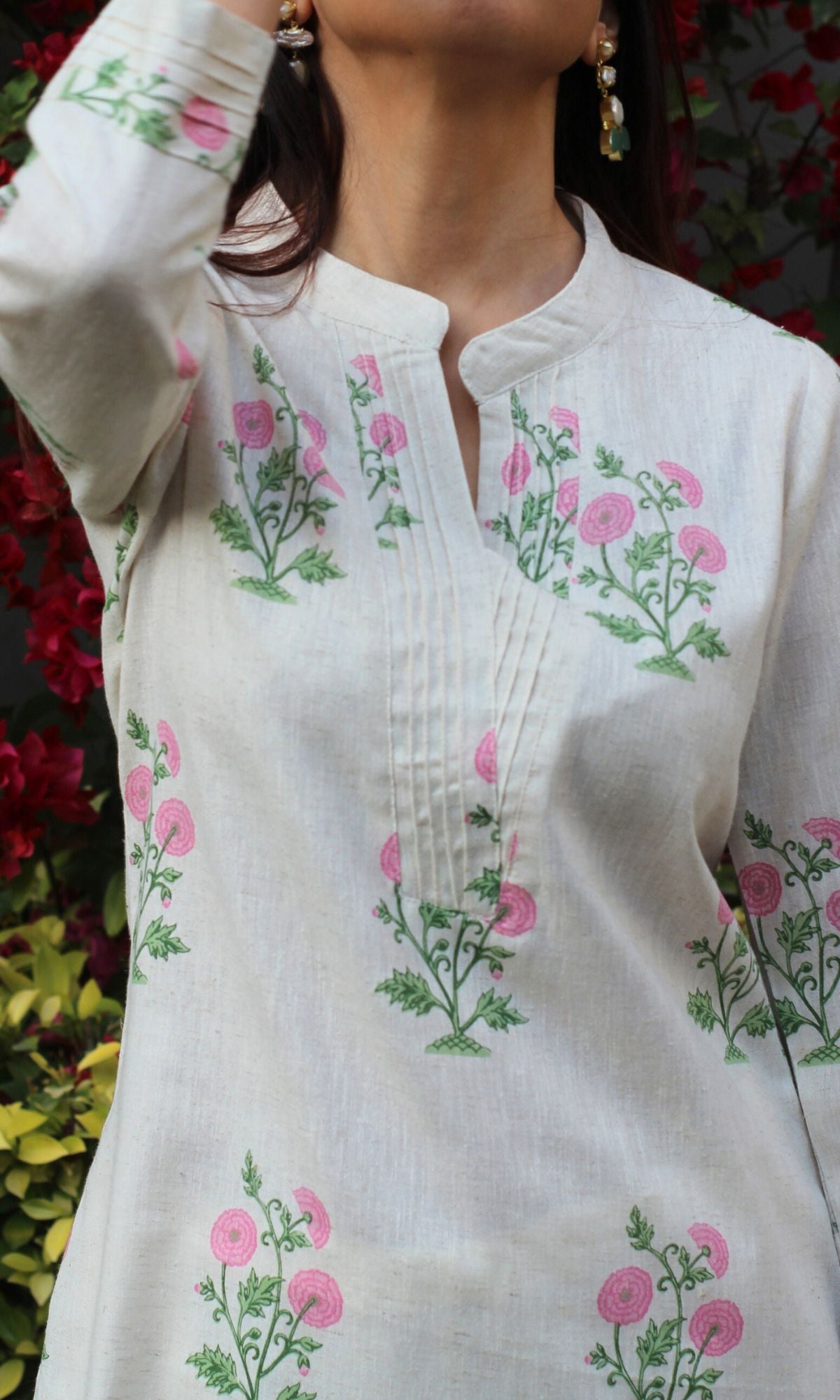 Linen Blend Mughal Pink Bloom Print Kurta with Cotton Pants - Baareeki