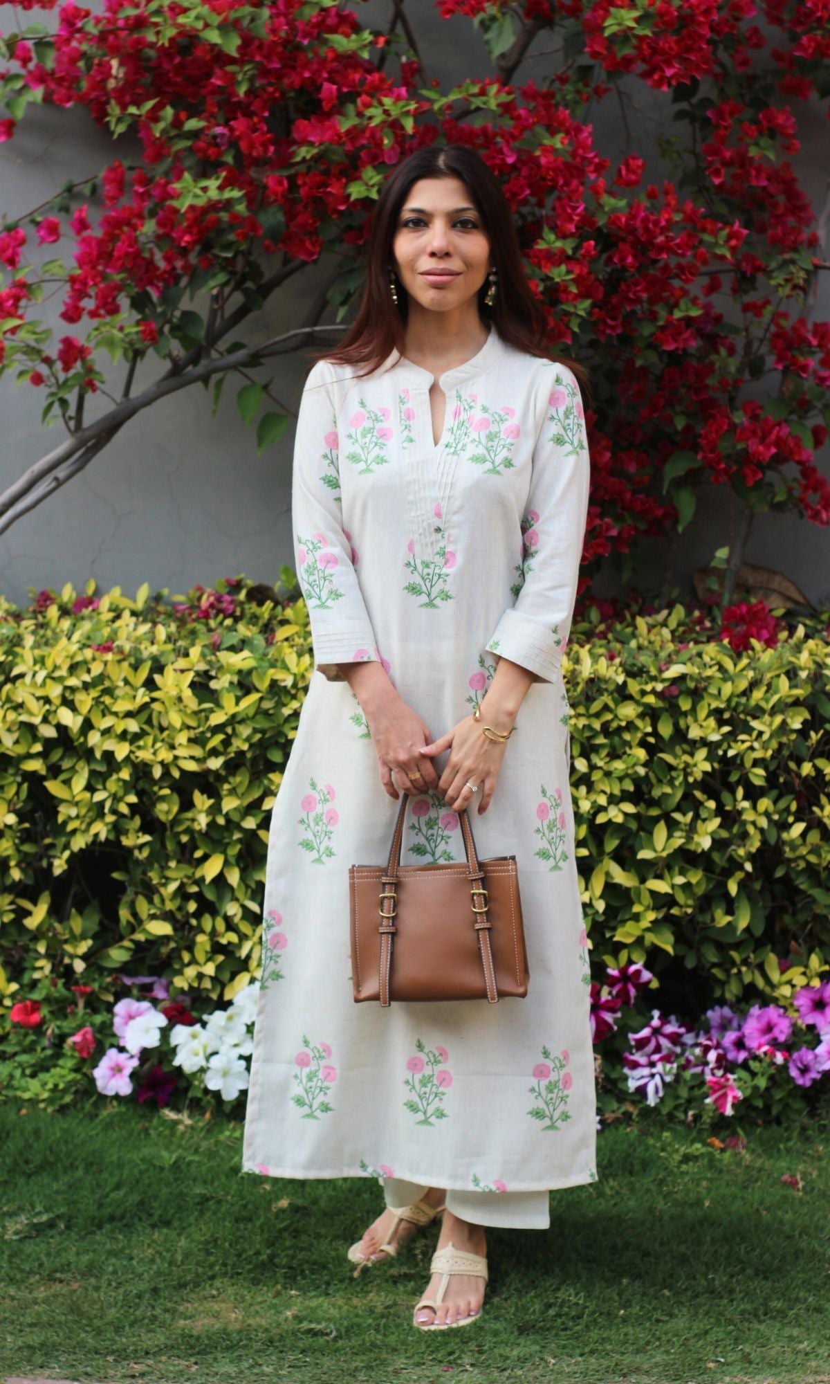 Linen Blend Mughal Pink Bloom Print Kurta with Cotton Pants - Baareeki