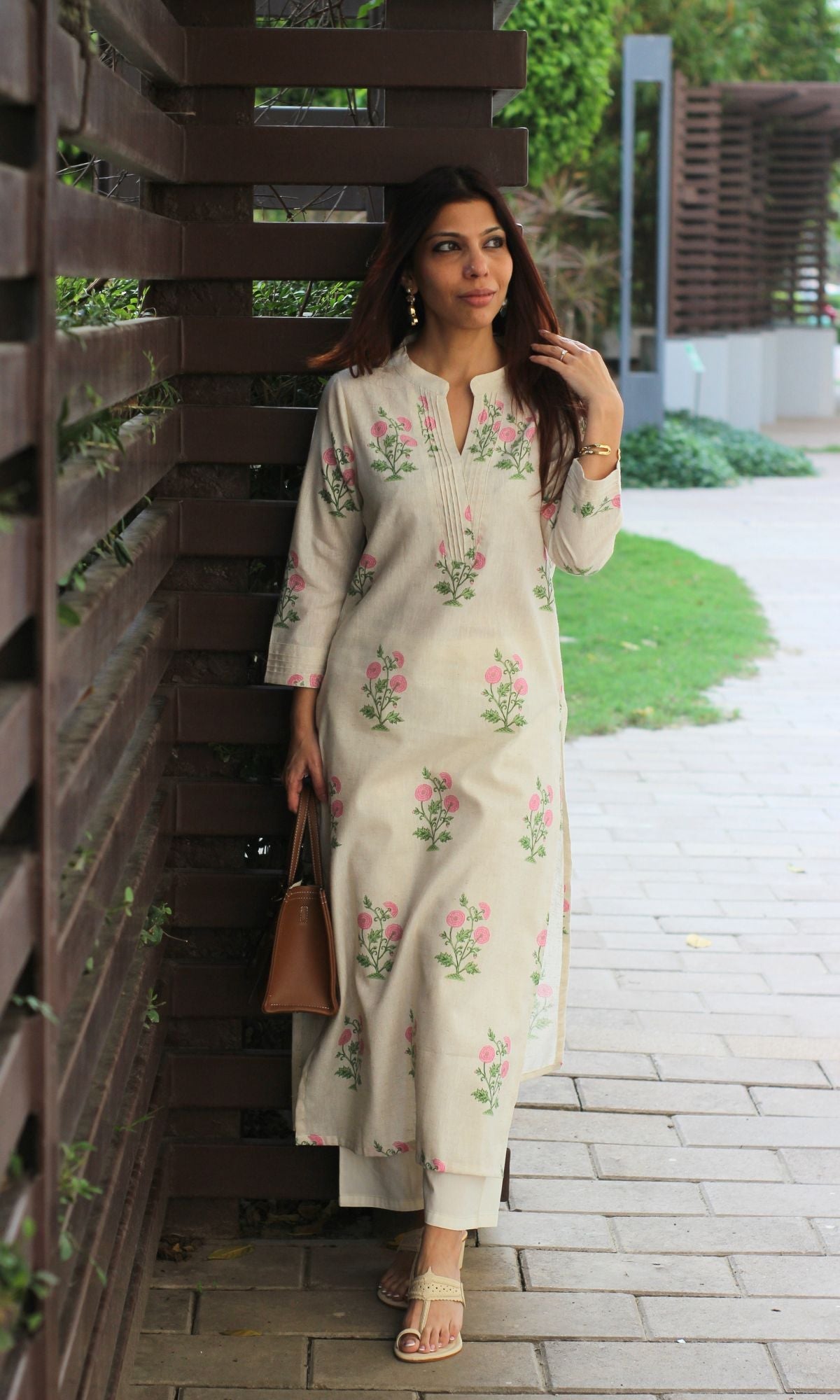 Linen Blend Mughal Pink Bloom Print Kurta with Cotton Pants - Baareeki