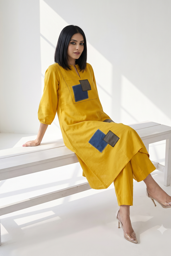 Long Yoke Kurta Top With Patch Pocket - Golden Twilight & Azure Slate Checks Mc