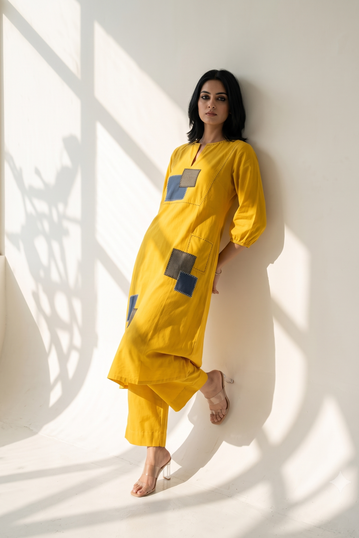 Long Yoke Kurta Top With Patch Pocket - Golden Twilight & Azure Slate Checks Mc