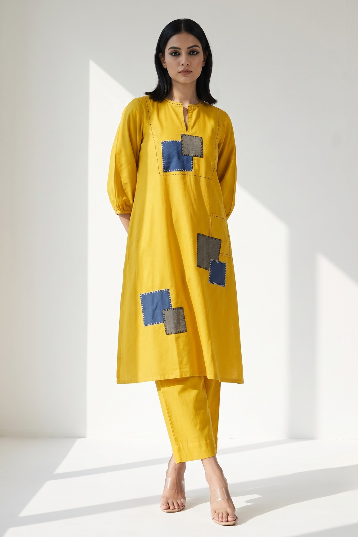 Long Yoke Kurta Top With Patch Pocket - Golden Twilight & Azure Slate Checks Mc