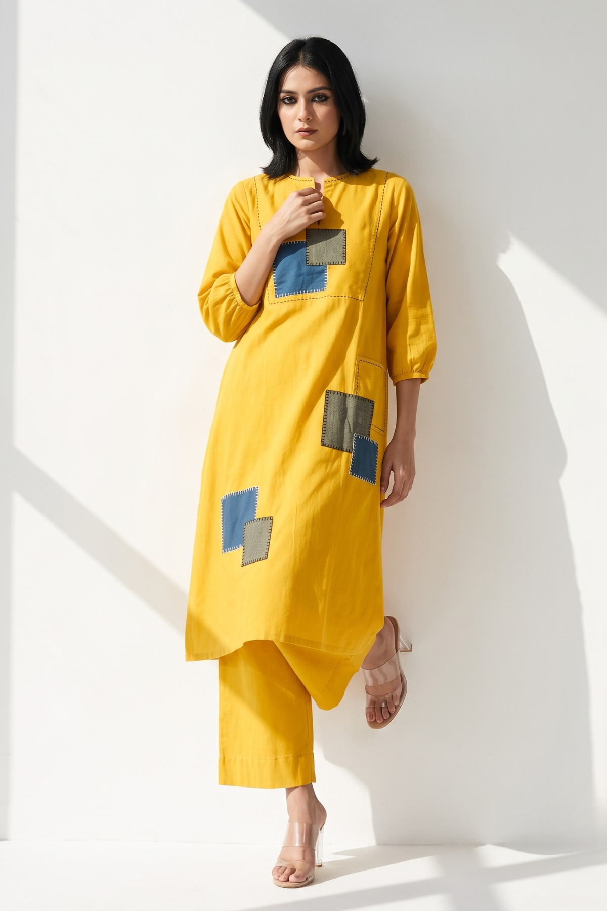 Long Yoke Kurta Top With Patch Pocket - Golden Twilight & Azure Slate Checks Mc