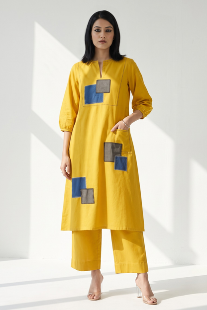 Long Yoke Kurta Top With Patch Pocket - Golden Twilight & Azure Slate Checks Mc