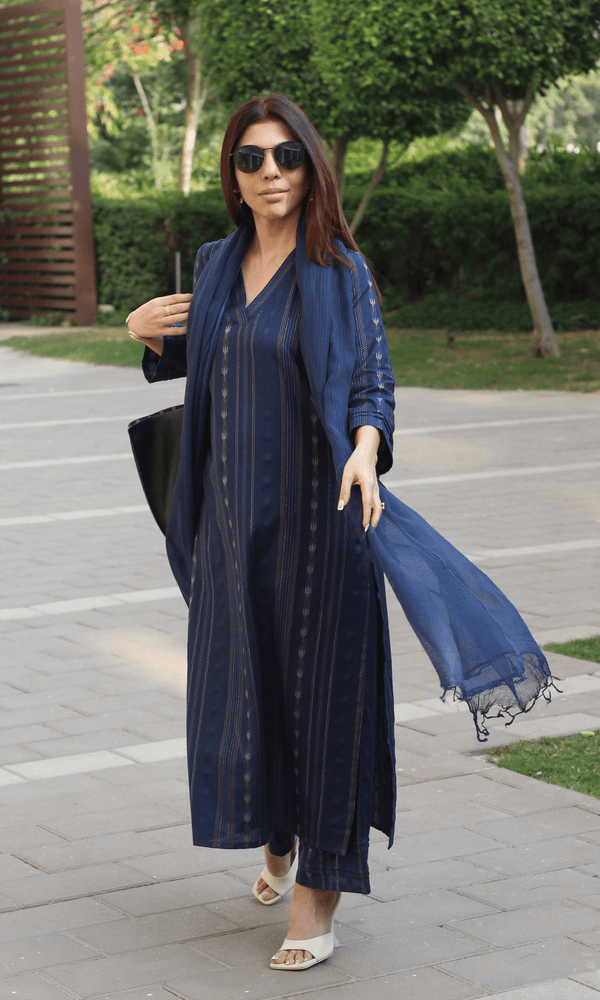 Midnight Blue Cotton Lurex Ikkat Print Suit set with Kota Doria Dupatta - Baareeki