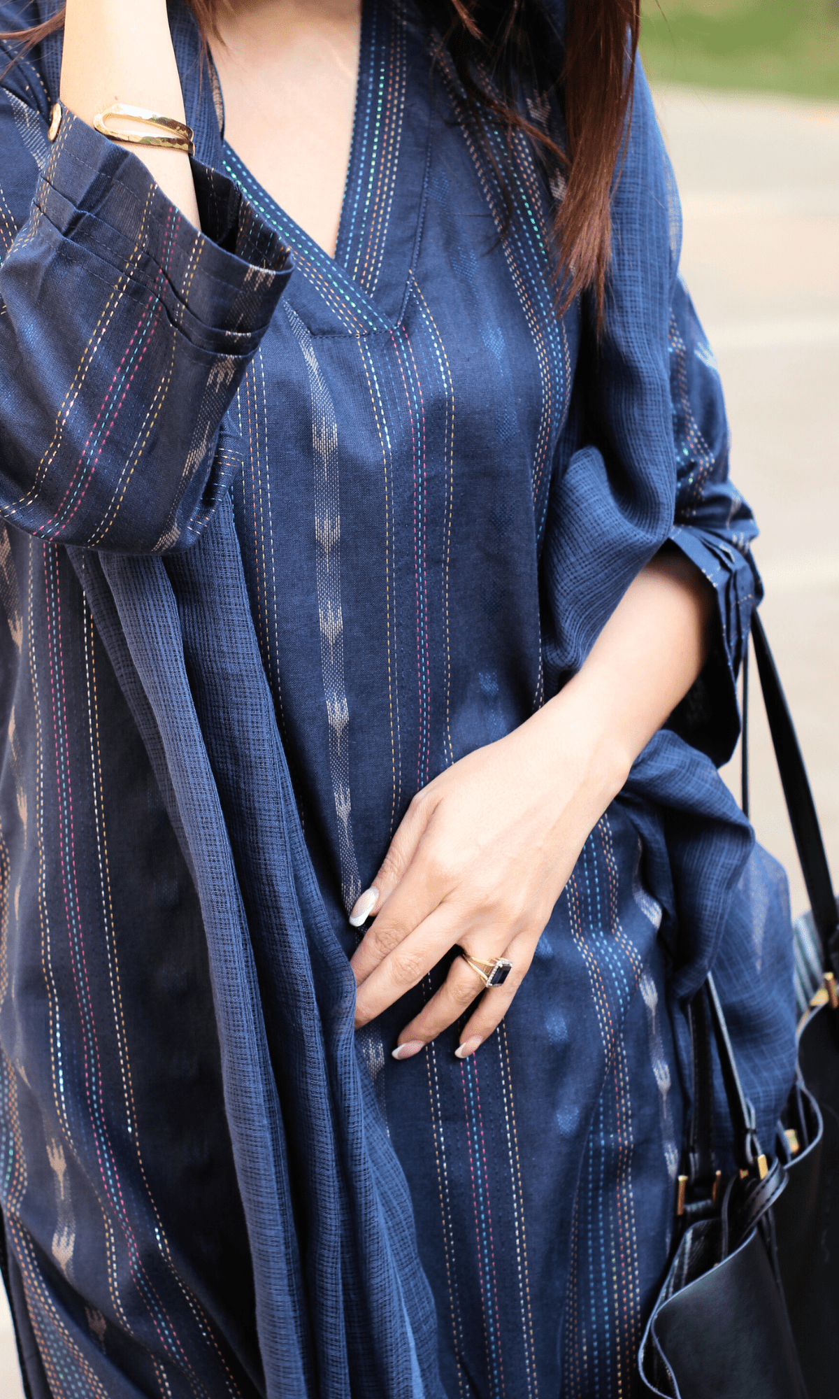 Midnight Blue Cotton Lurex Ikkat Print Suit set with Kota Doria Dupatta - Baareeki