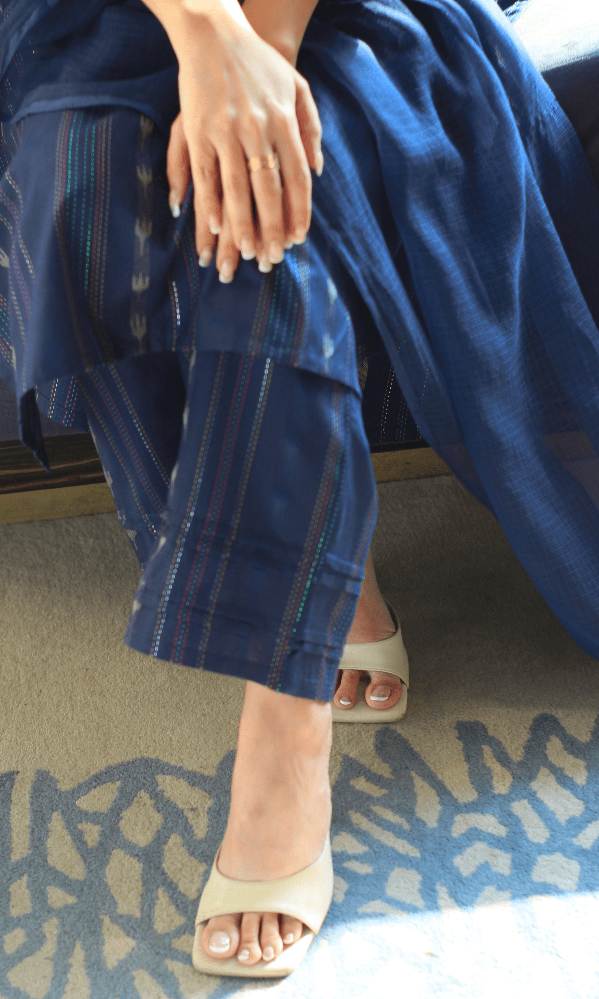 Midnight Blue Cotton Lurex Ikkat Print Suit set with Kota Doria Dupatta - Baareeki