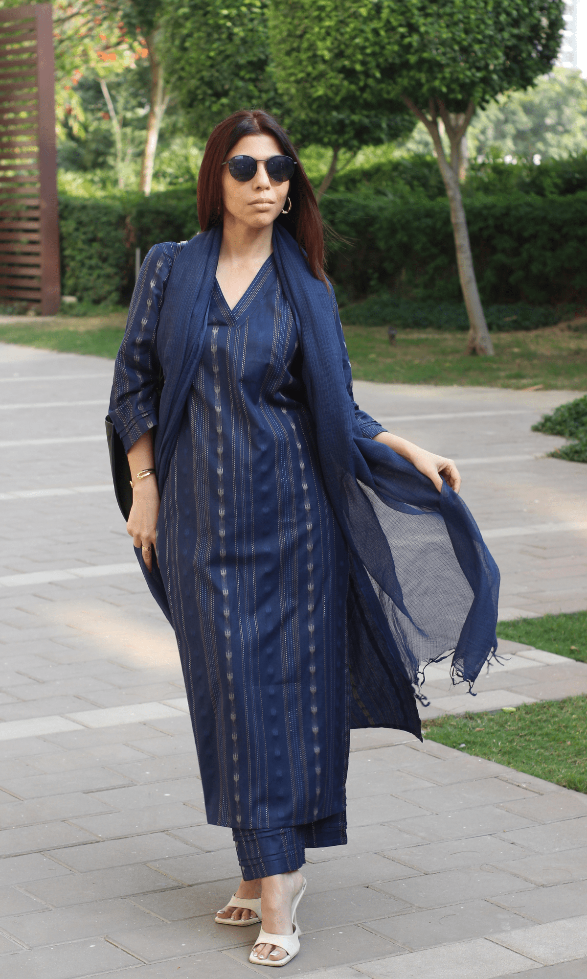 Midnight Blue Cotton Lurex Ikkat Print Suit set with Kota Doria Dupatta - Baareeki