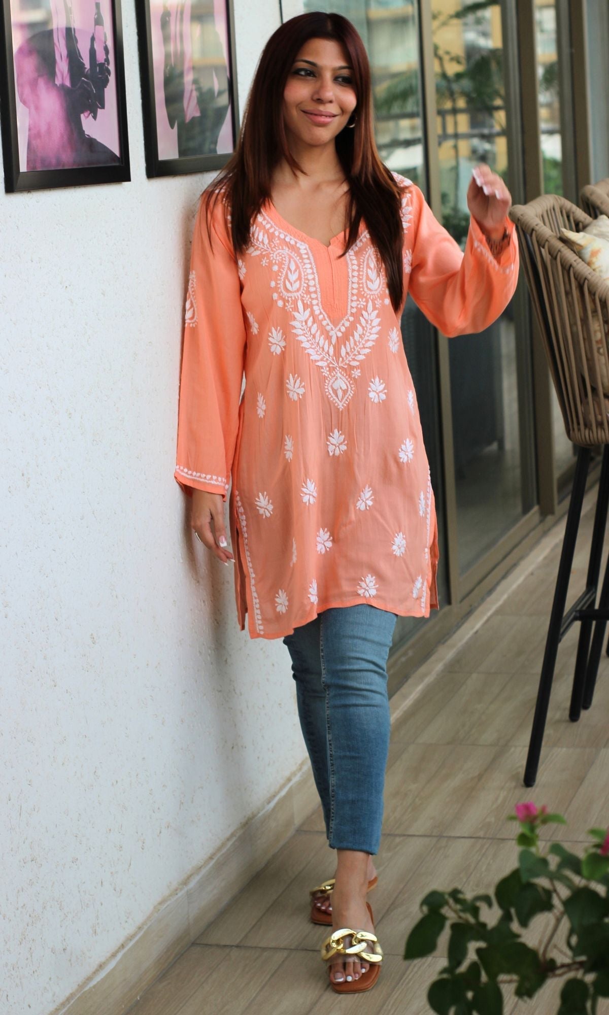 Modal Peach Handwork Chikankari Short Kurti - Baareeki