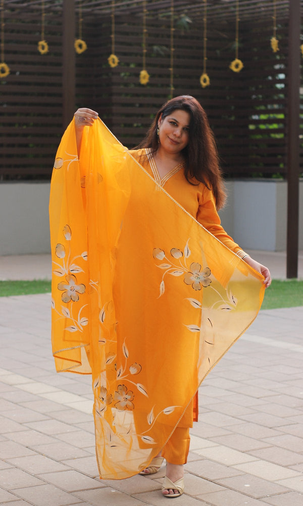 Muslin Silk Mustard & Gold Slit Sleeve Suit with Organza Handbrush Painted Dupatta - Baareeki