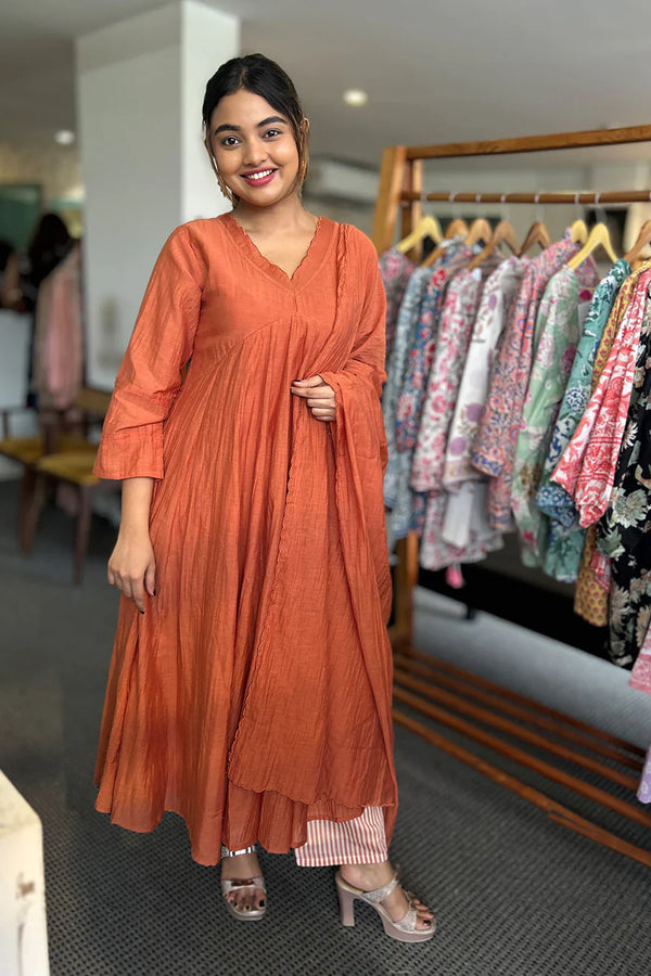 Malai Chanderi Salwar Suit with Stripe Pants Rust Orange