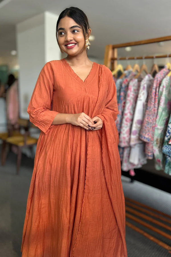 Malai Chanderi Salwar Suit with Stripe Pants Rust Orange