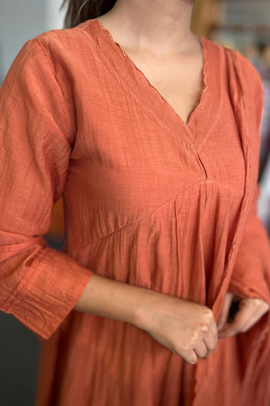 Malai Chanderi Salwar Suit with Stripe Pants Rust Orange