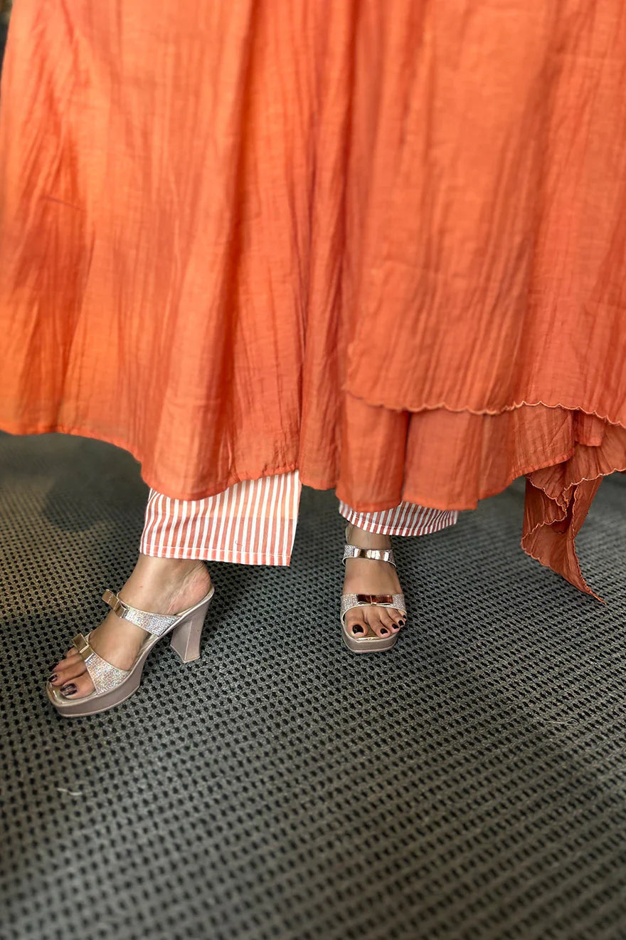 Malai Chanderi Salwar Suit with Stripe Pants Rust Orange