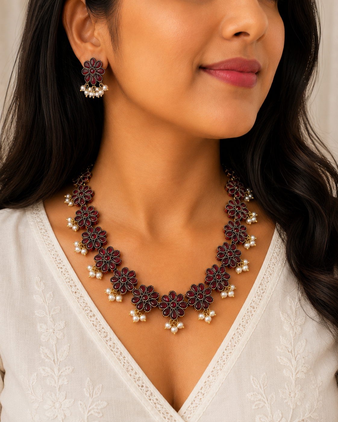 Maroon Floral Necklace & Earrings Set with Pearl Drops